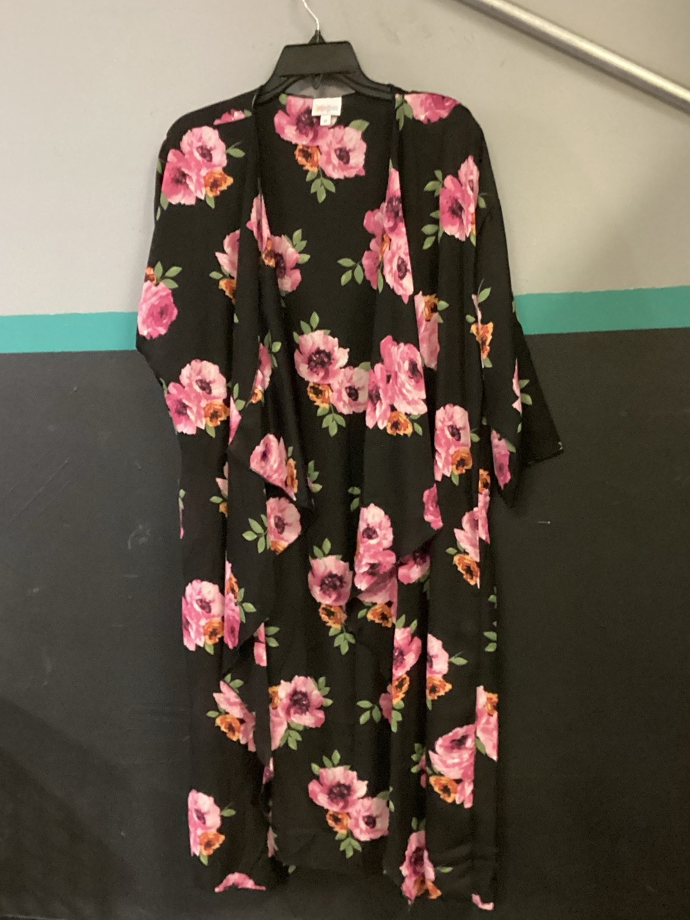 Floral Kimono Open Front Cardigan/Robe- Black with Pink Bloom